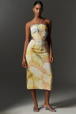 Farm Rio x Anthropologie Floral Printed Linen Blend Halter Midi Dress