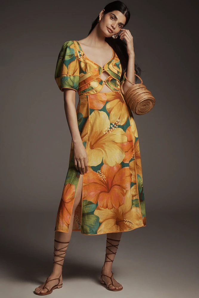 Farm Rio x Anthropologie Linen Blend Short-Sleeve Cutout Printed Midi Dress