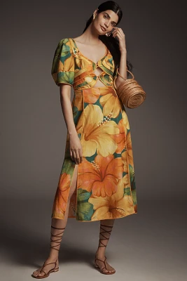 Farm Rio x Anthropologie Linen Blend Short-Sleeve Cutout Printed Midi Dress