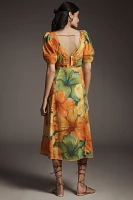 Farm Rio x Anthropologie Linen Blend Short-Sleeve Cutout Printed Midi Dress