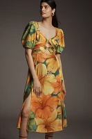 Farm Rio x Anthropologie Linen Blend Short-Sleeve Cutout Printed Midi Dress