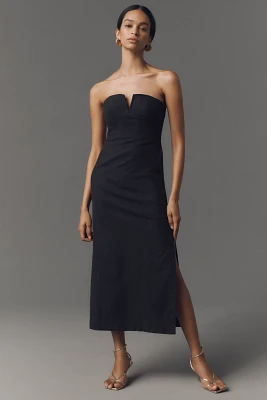 By Anthropologie Strapless Linen Plunge-Neck Midi Dress