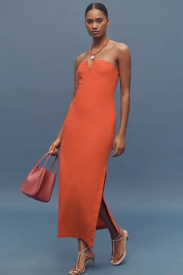 By Anthropologie Strapless Linen Plunge-Neck Midi Dress