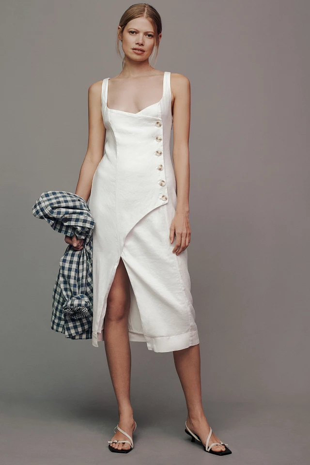 By Anthropologie Sleeveless Square-Neck Linen Button Wrap Midi Dress | The  Summit