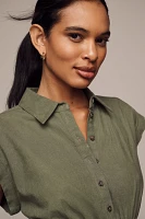 By Anthropologie Cap-Sleeve Collared Linen Ruched Mini Dress