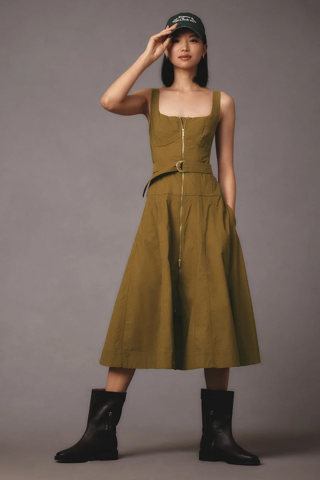 anthropologie zip front corset dress Zip-Front Ruffle-Hem Midi Dress by Anthropologie in Blue, Size: Large