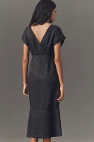 Maeve Short-Sleeve Linen Wrap-Back Slim Midi Dress