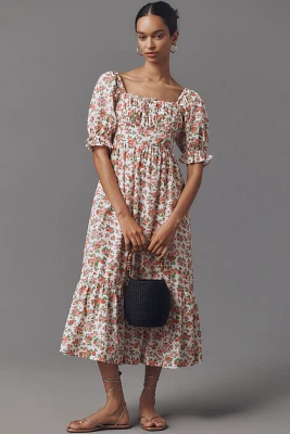 Pink City Prints Simone Puff-Sleeve Square-Neck Midi Dress