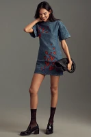 Dhruv Kapoor Short-Sleeve Embroidered Heart Denim Mini Dress