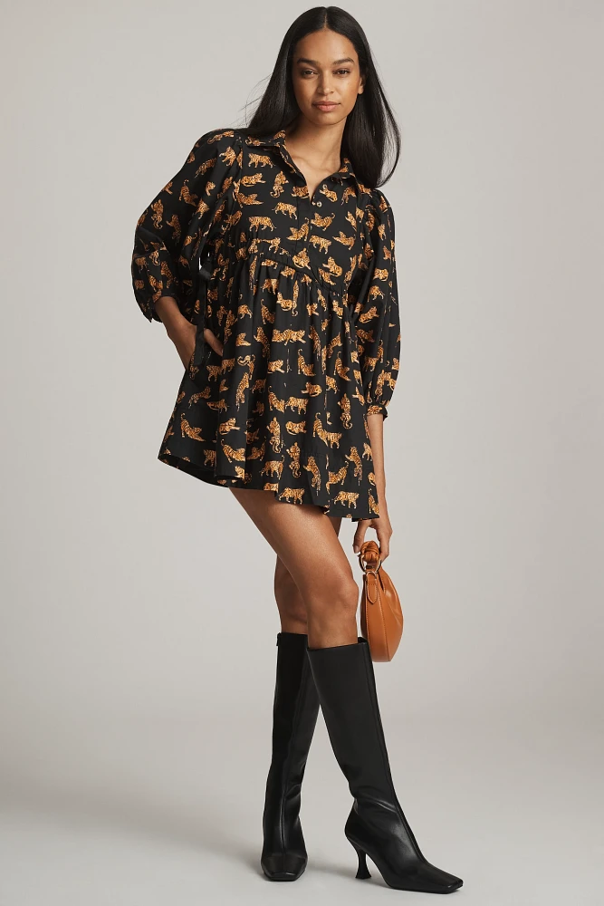 Maeve Long-Sleeve V-Neck Poplin Mini Dress