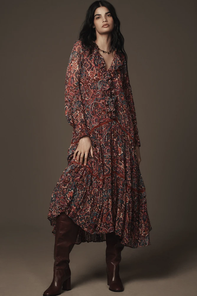 By Anthropologie Long-Sleeve Ruffled Boho Midi Dress