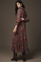 By Anthropologie Long-Sleeve Ruffled Boho Midi Dress