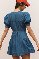 Maeve Puff-Sleeve Tiered Denim Mini Dress