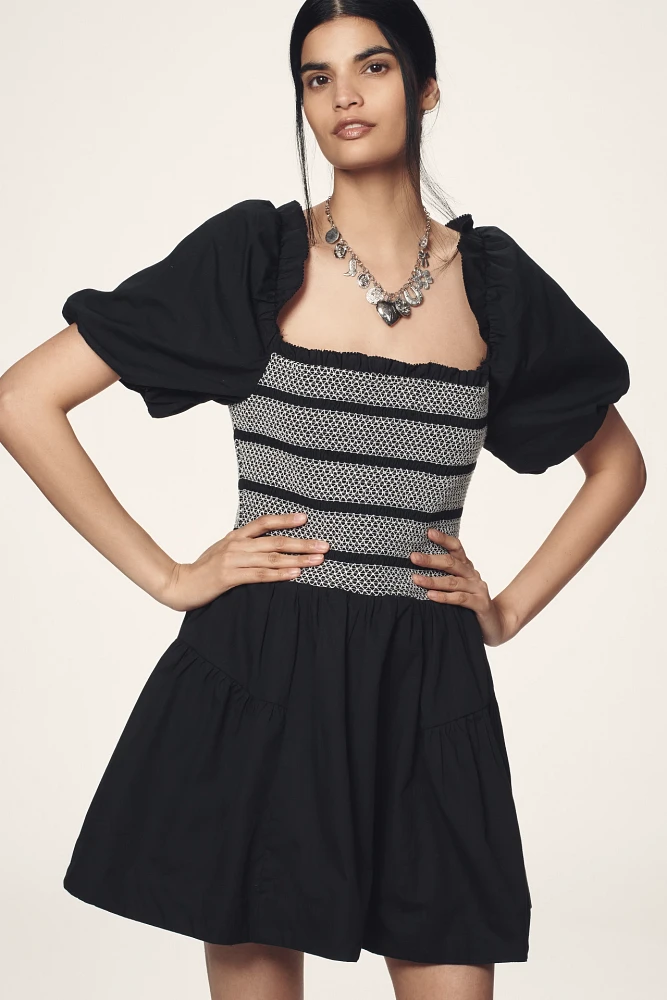 By Anthropologie Puff-Sleeve Square-Neck Smocked Mini Dress