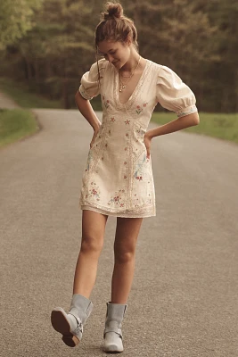 By Anthropologie Linen Blend Puff-Sleeve V-Neck Mini Dress