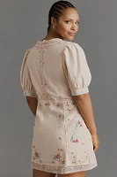 By Anthropologie Linen Blend Puff-Sleeve V-Neck Mini Dress