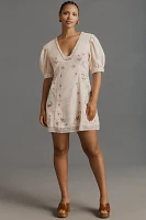 By Anthropologie Linen Blend Puff-Sleeve V-Neck Mini Dress