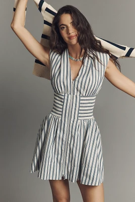 The Tommie Cap-Sleeve Smocked Front-Zip Mini Shirt Dress: Stripe Edition