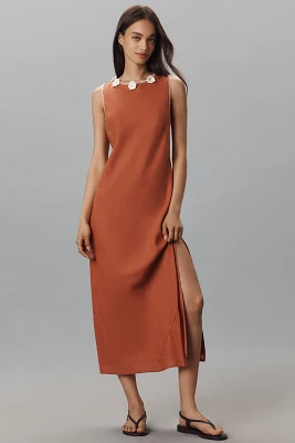 By Anthropologie Linen Blend Sleeveless Crochet-Trim Midi Dress