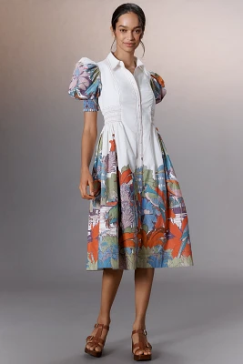 Maeve Puff-Sleeve Smocked Shirt Dress