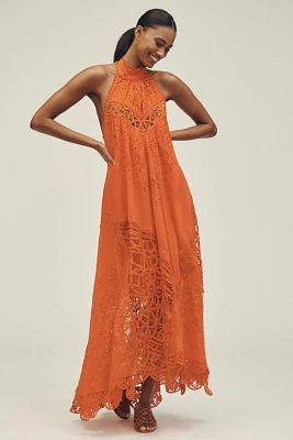 By Anthropologie Halter Cutwork Lace Dress