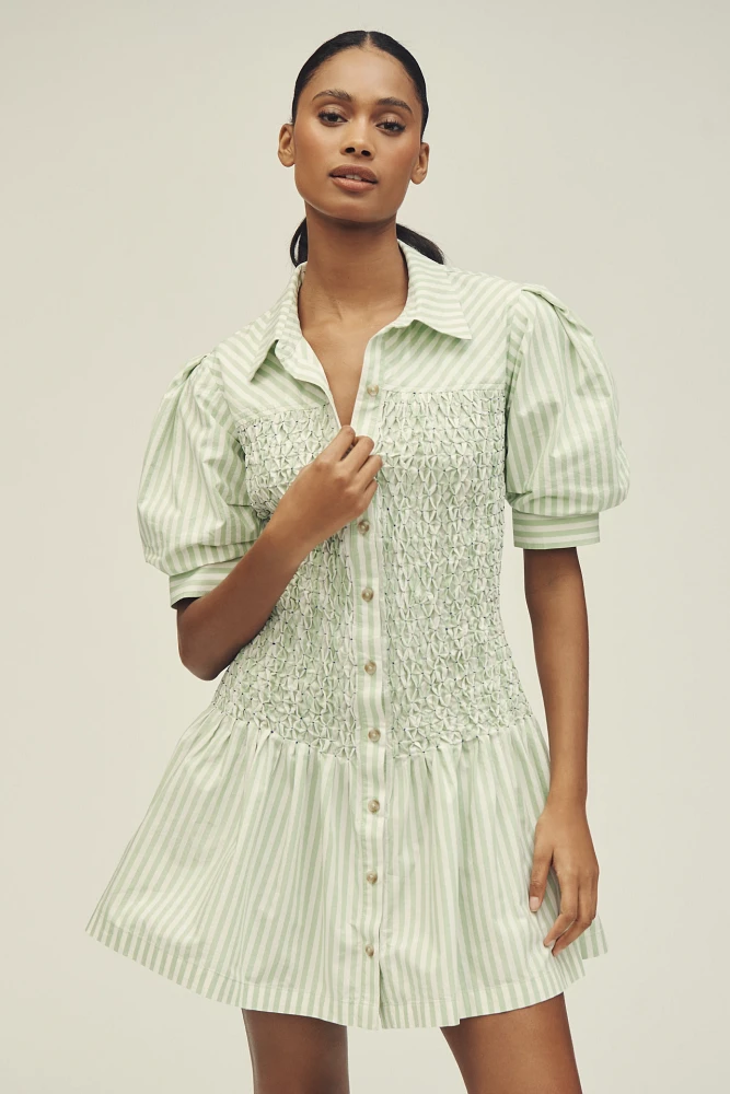By Anthropologie Short-Sleeve Smocked A-Line Mini Shirt Dress
