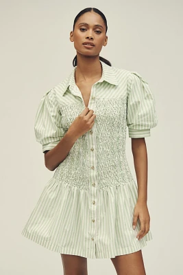 By Anthropologie Short-Sleeve Smocked A-Line Mini Shirt Dress