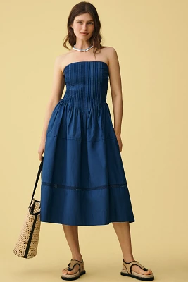 By Anthropologie Cotton Poplin Strapless Midi Dress