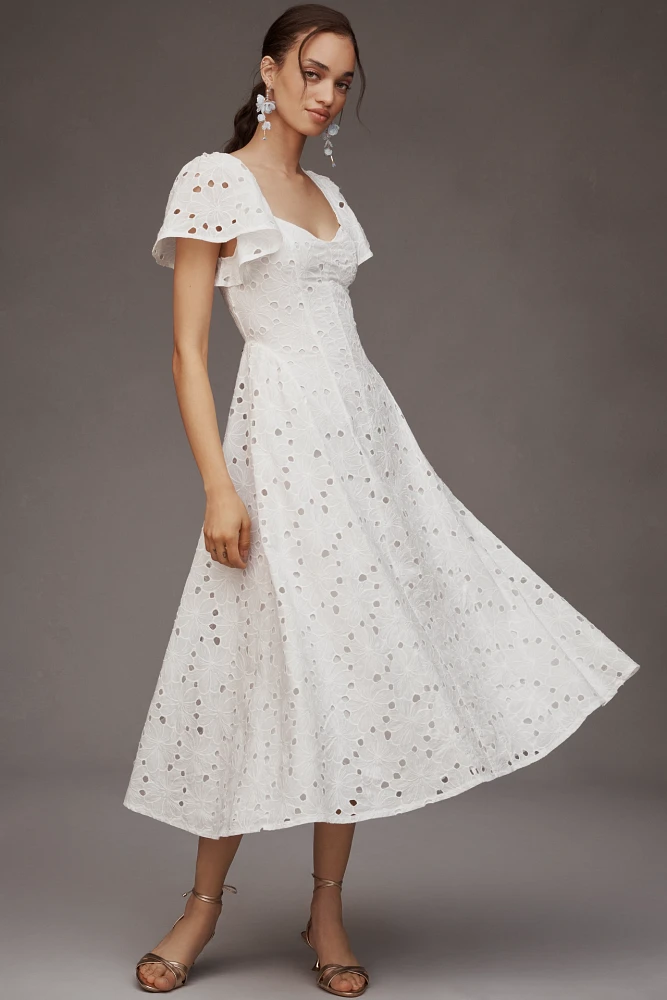 Extro&Vert Ada Flutter-Sleeve Broderie Midi Dress
