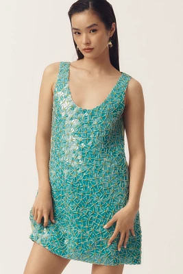 Emma Mulholland on Holiday Sleeveless Linen Sequin Mini Dress