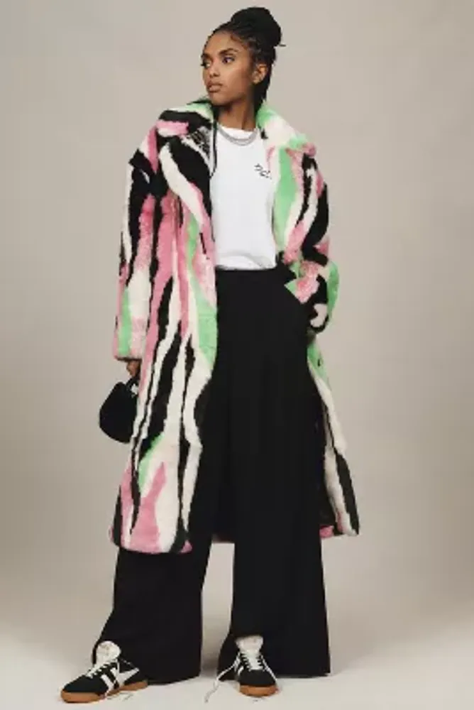 Jakke Katie Faux Fur Multi Stripe Long Coat