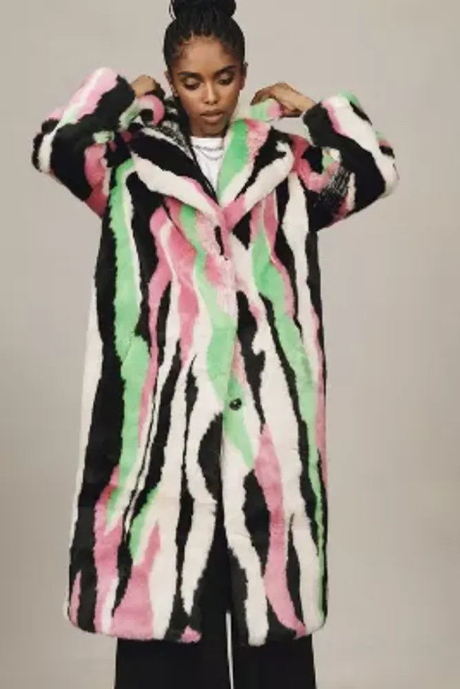 Jakke Katie Faux Fur Multi Stripe Long Coat