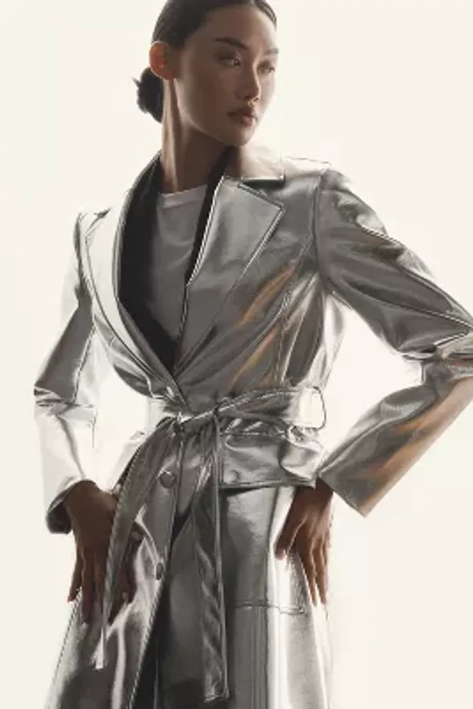 Avec Les Filles Metallic Faux Leather Trench Coat