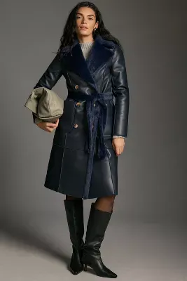 Avec Les Filles Faux Leather Furry Mix Belted Trench Coat