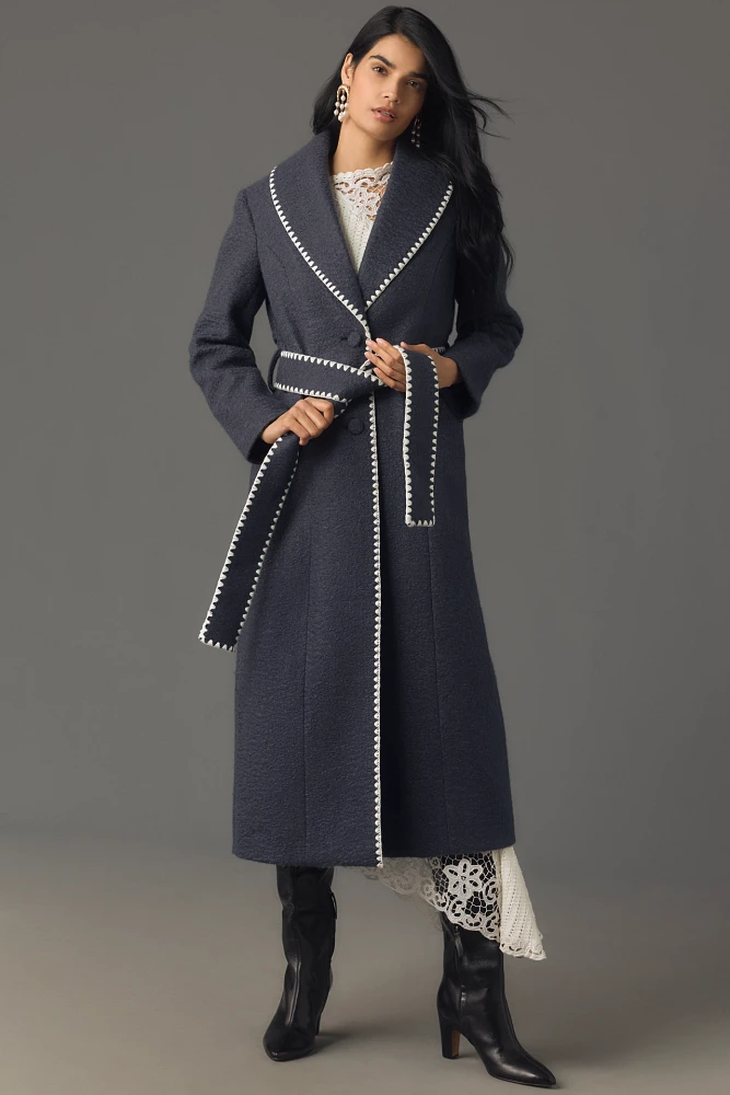 Avec Les Filles Blanket-Stitch Belted Shawl-Collar Coat