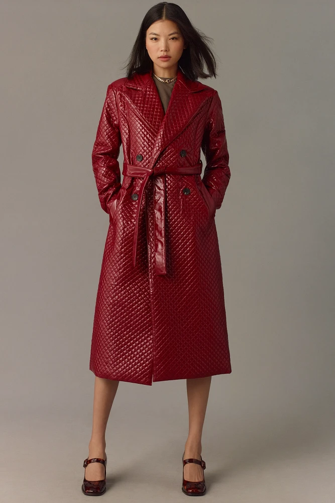 Avec Les Filles Quilted Faux-Ever Leather Belted Trench Coat