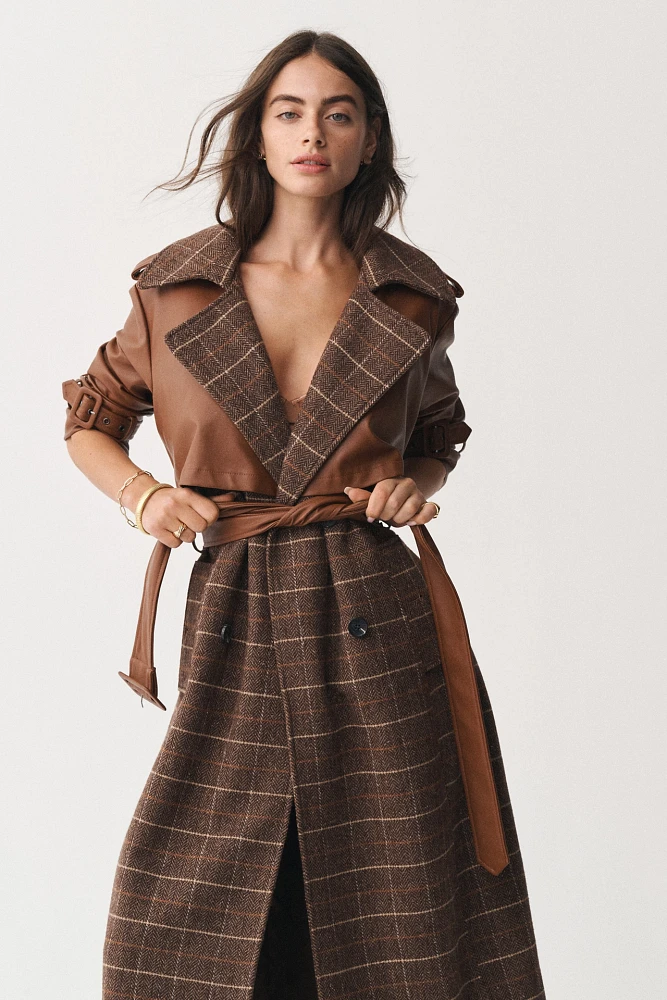 Avec Les Filles Plaid Faux-Leather Belted Trench Coat