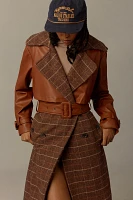 Avec Les Filles Plaid Faux-Leather Belted Trench Coat