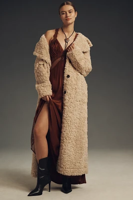 Avec Les Filles Notch Lapel Fuzzy Long Coat