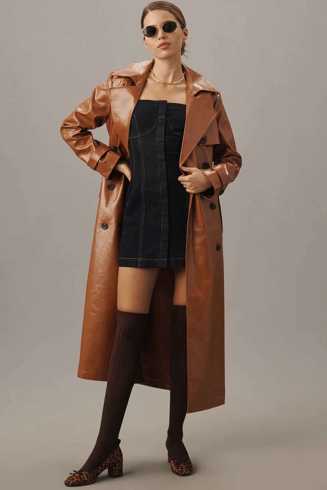 Avec Les Filles Glazed Faux-Ever Leather™ Belted Trench Coat