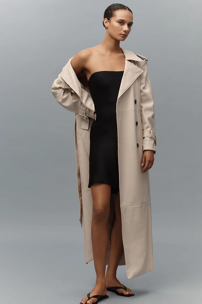 Avec Les Filles Faux-Ever Leather™ Strong Shoulder Maxi Trench Coat