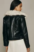 Unreal Fur Wet Look Faux Patent Leather Aviator Jacket