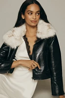 Unreal Fur Wet Look Faux Patent Leather Aviator Jacket