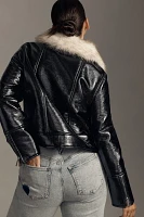 Unreal Fur Wet Look Faux Patent Leather Aviator Jacket