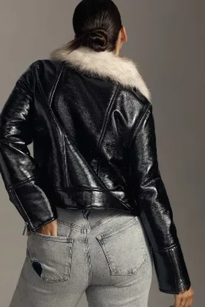 Unreal Fur Wet Look Faux Patent Leather Aviator Jacket
