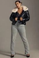 Unreal Fur Wet Look Faux Patent Leather Aviator Jacket