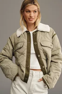 By Anthropologie Quilted Sherpa Collar Shacket