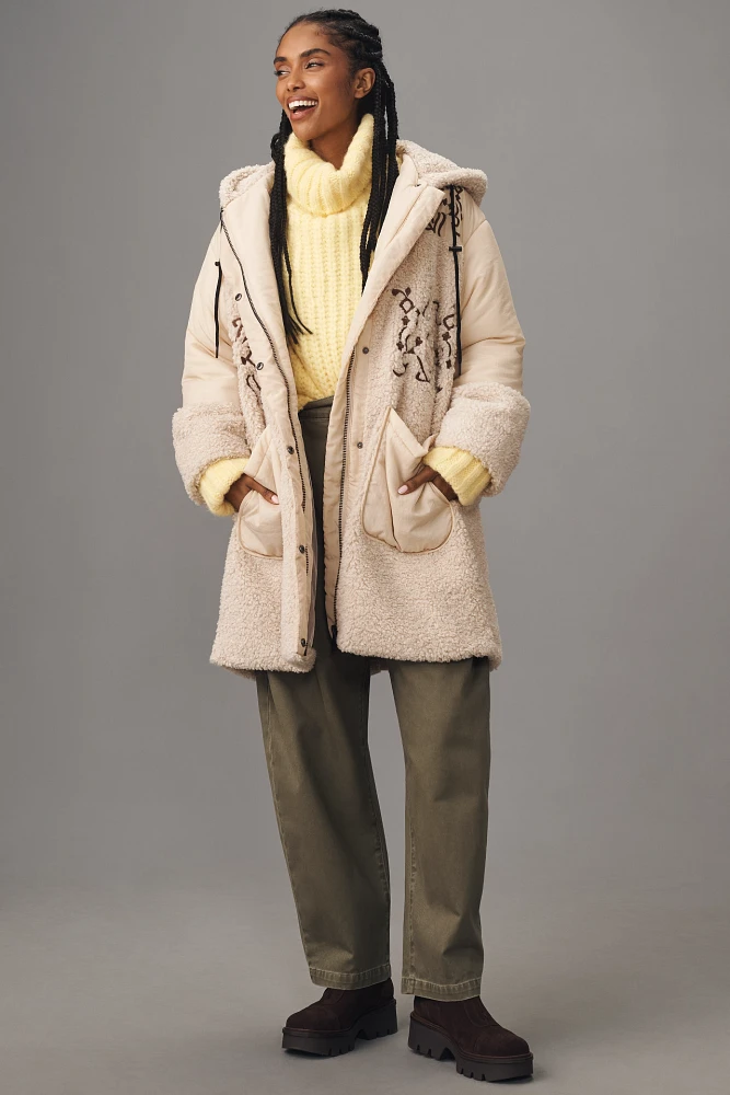 Pilcro Embroidered Hooded Sherpa Coat