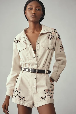 By Anthropologie Long-Sleeve Embroidered Utility Romper