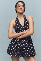 Maeve Polka Dot Halter V-Neck Bubble-Hem Romper